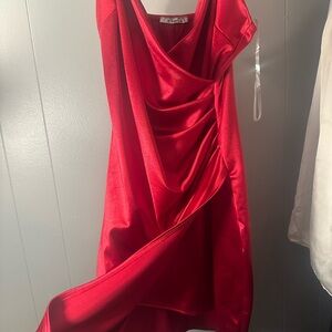 Red Asymmetrical Pleated Cocktail Gown